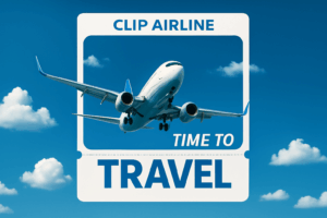 “Beautiful travel destination in Korea”“푸른 하늘을 배경으로 이륙 중인 여객기와 ‘Time to Travel’ 안내 문구가 있는 여행 홍보 이미지”