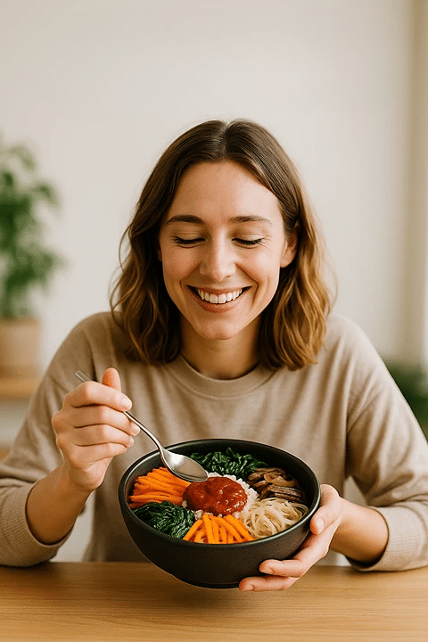 Smiling woman enjoying a bowl of Korean bibimbap
