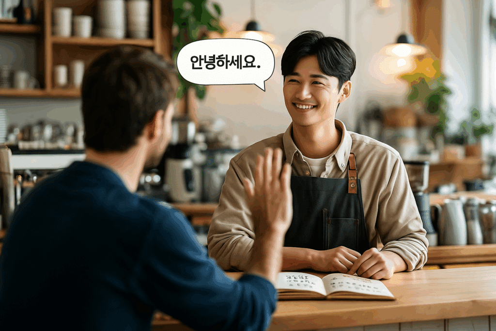 "easy Korean phrases – Korean barista greeting a customer warmly…" Korean barista greeting a customer warmly while saying Annyeonghaseyo in a café setting
“easy Korean phrases example – barista greeting a customer in Korean”
