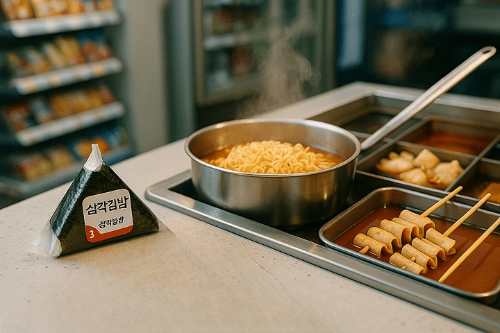 “Travelers resting and eating at tables inside a 24-hour Korean convenience store”
