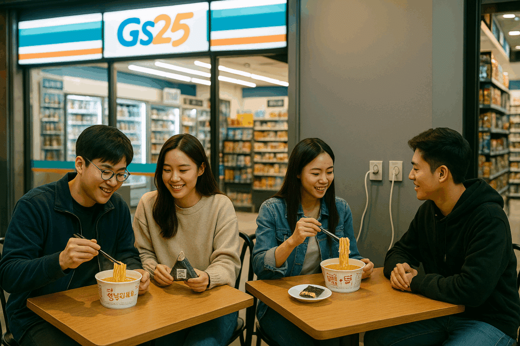 “Night view of a Korean convenience store glowing with 24/7 signage”