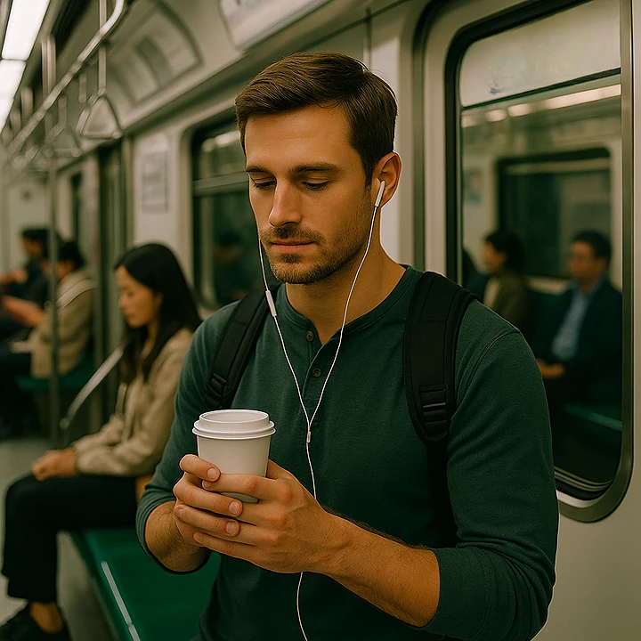 “A foreign traveler quietly riding the Seoul subway while holding a warm drink with both hands.”Foreign travelers learning Korea etiquette tips during their trip.