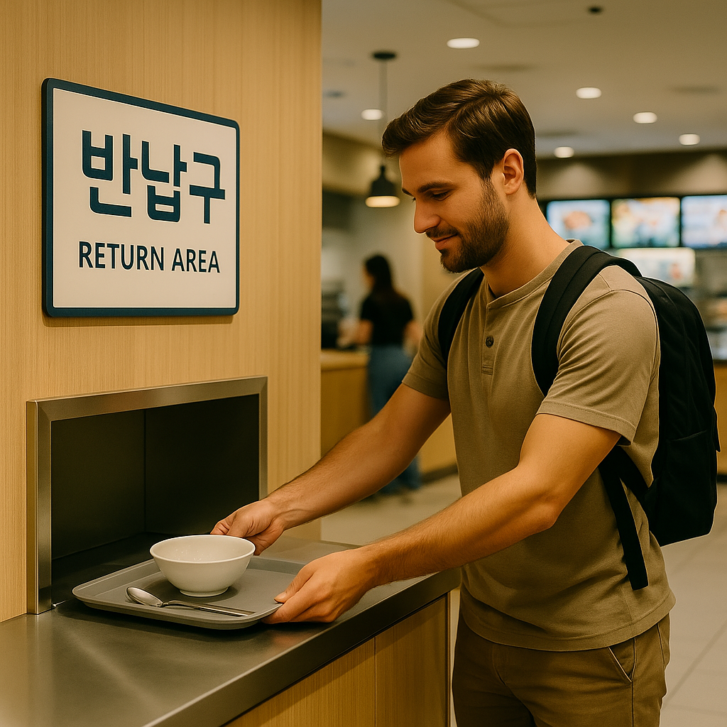 “A foreign visitor politely returning a tray at the ‘반납구’ return area inside a Korean food court.”