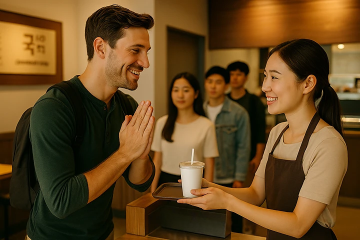 “A friendly foreign traveler thanking a staff member in a Korean café with a polite gesture.”