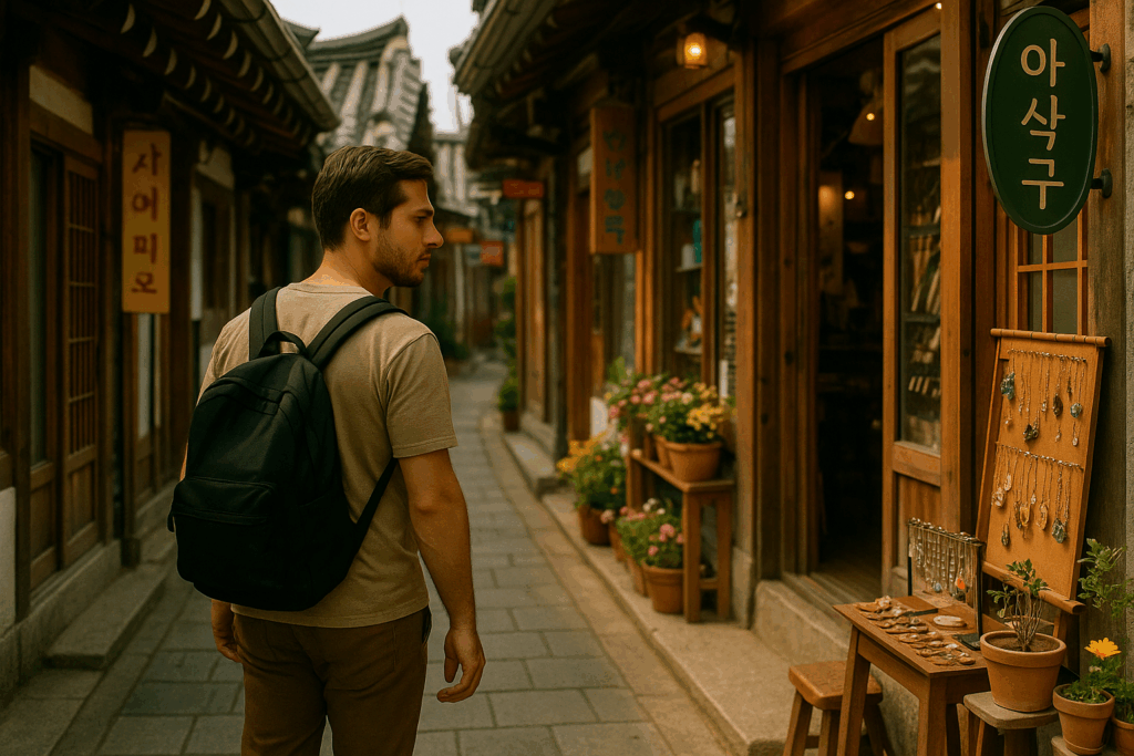 “A traveler browsing handmade accessory shops in Ikseon-dong’s narrow hanok alley with wooden doors and flower displays.”